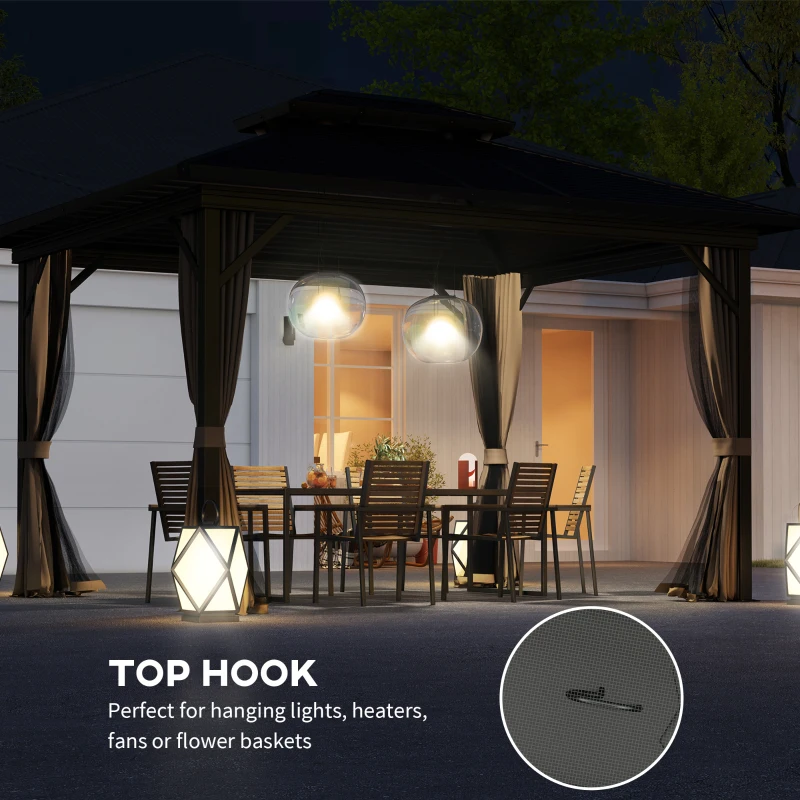 Outsunny 10' x 12' Hardtop Gazebo, Sun Shelter with Double Tier Metal Roof, Mosquito Netting, and Hanging Hook, Dark Brown