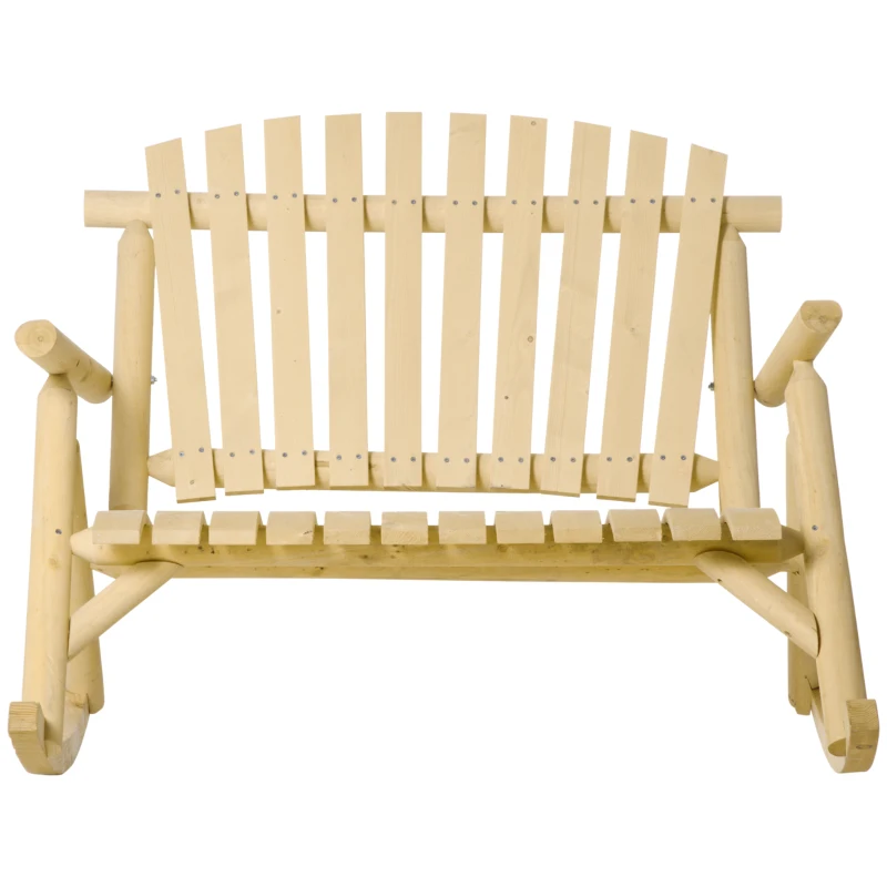 Outsunny Outdoor Wooden Rocking Chair, Double-Person Rustic Adirondack Rocker with Slatted Seat, High Backrest, Armrests for Patio, Garden and Porch, Natural