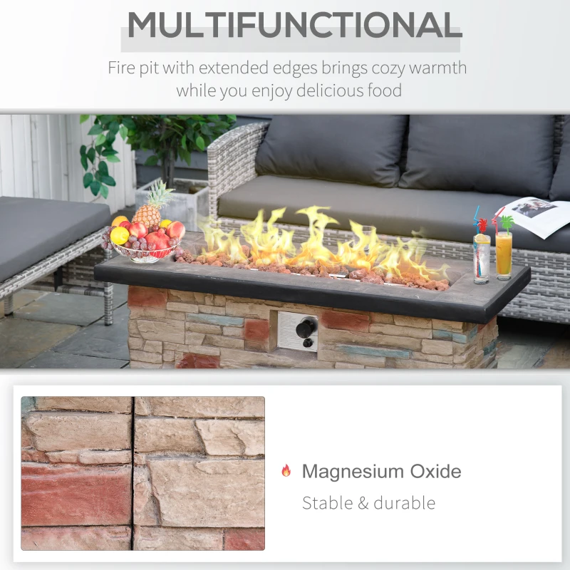 Outsunny 48 Inch Outdoor Propane Gas Fire Pit Table, 50,000 BTU Auto-Ignition Rectangular Faux Ledge Stone Gas Firepit with Lava Rocks and Rain Cover, CSA Certification, Brown