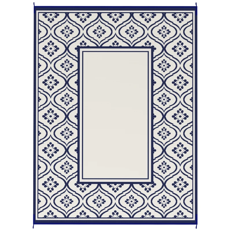 Outsunny 9' x 12' Outdoor RV Rug, Reversible Patio Floor Mat with Carry Bag, Gourd Border, Blue and White