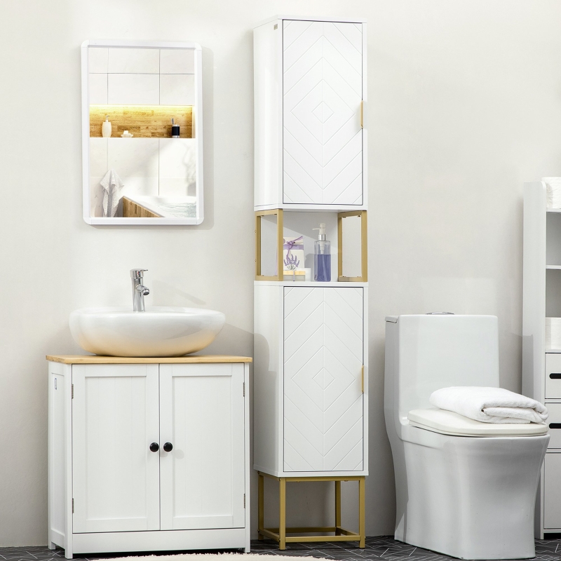 kleankin Tall Bathroom Storage Cabinet, Modern Narrow Bathroom Cabinet with Diamond Chevron Pattern and Adjustable Shelf, White