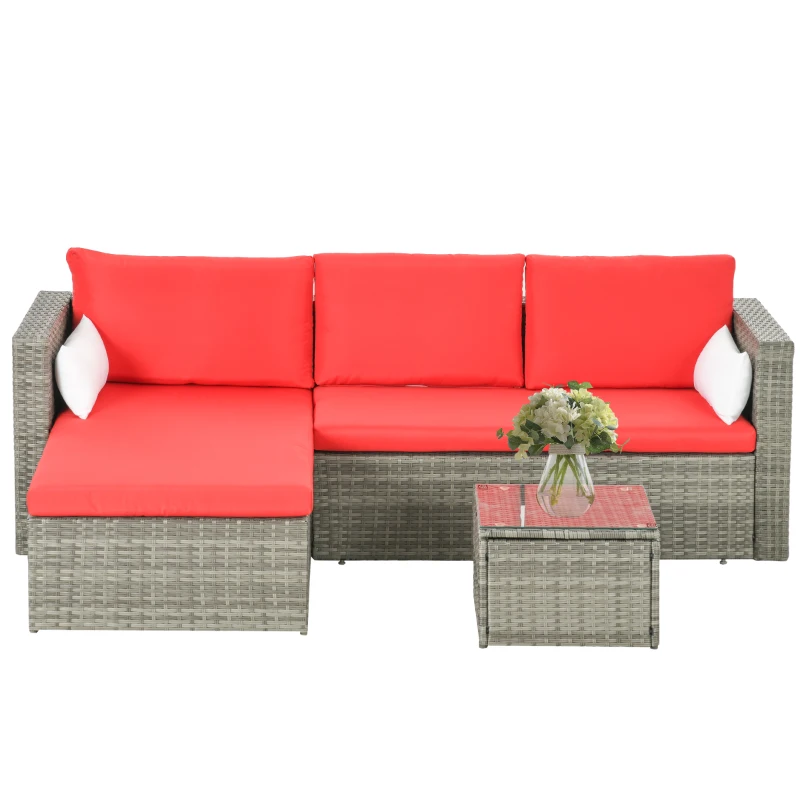 Outsunny 3pcs Modern Rattan Sofa Set, Wicker Patio Furniture Set with Coffee Table, Cushions, Pillows