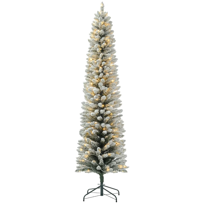 HOMCOM 7ft Artificial Prelit Christmas Tree with Warm White LED Light, Snow Flocked Branches, Metal Base, Pencil Xmas Tree