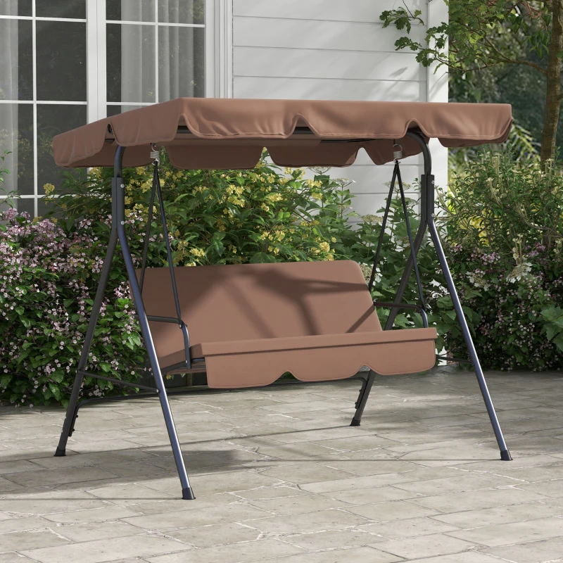Outsunny Large Family Swing Set, 3-Seat Adjustable Canopy Swing Bench with Cushion, Steel Frame Stand for Patio, Garden, Family Use, Brown