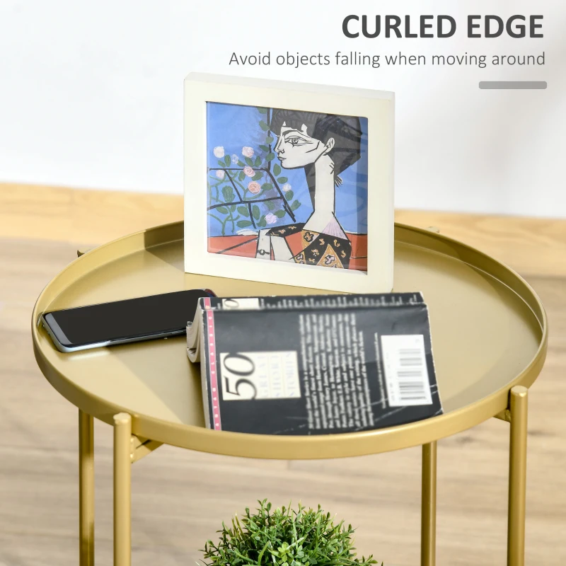 HOMCOM 2-Tier Gold Side Table, Round Nightstand with Removable Trays Folding Metal Frame Adjustable Foot End Table for Living Room Bedroom