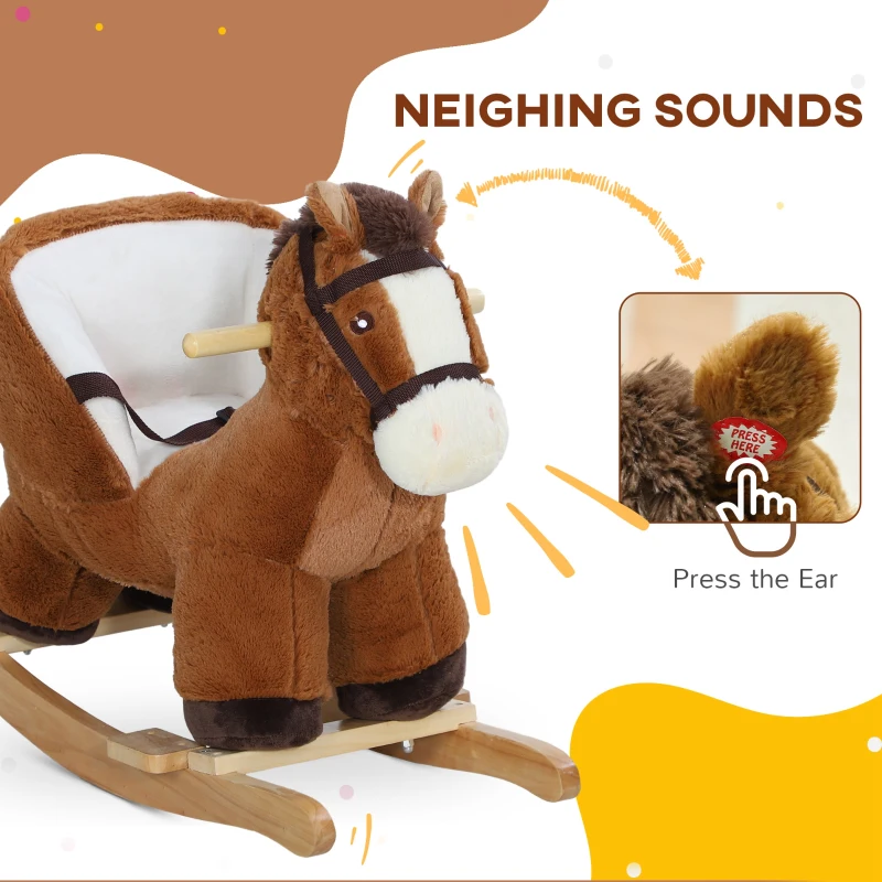 Qaba Baby Rocking Horse, Kids Ride-on with Sound, Wooden Base & Safety Belt for Ages 18-36 Months, Brown