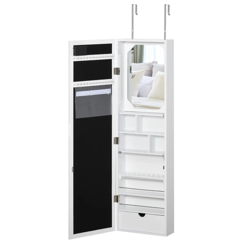 HOMCOM Jewellery Armoire with Mirror, Jewellery Cabinet with 18 LED Lights, Wall-Mounted and Over-The-Door Cabinet with 3 Mountable Heights and Drawer, White