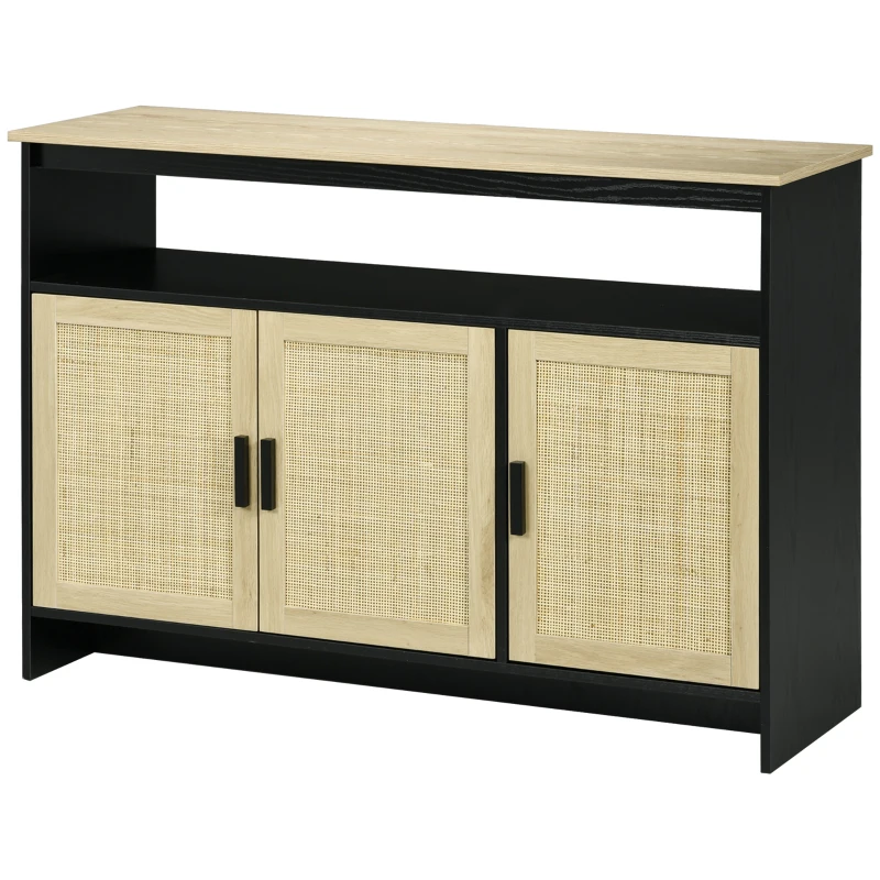 HOMCOM Kitchen Sideboard Cabinet with 3 Rattan Doors, Adjustable Shelves and Handles for Living Room, Hallway, Natural