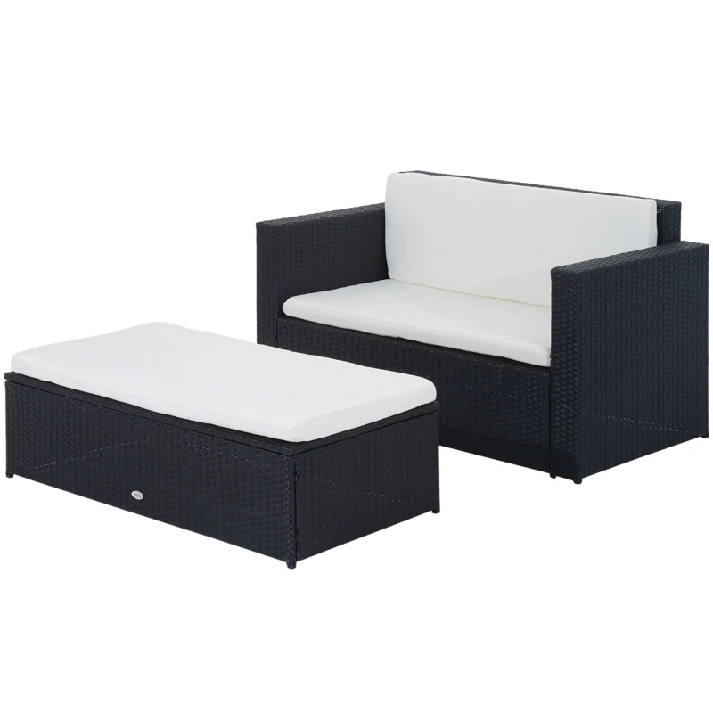 Outsunny 2 Pieces Wicker Patio Furniture Set with Double Ottoman, Outdoor PE Rattan Conversation Set with Loveseat and Two Seat Ottoman, Cream White