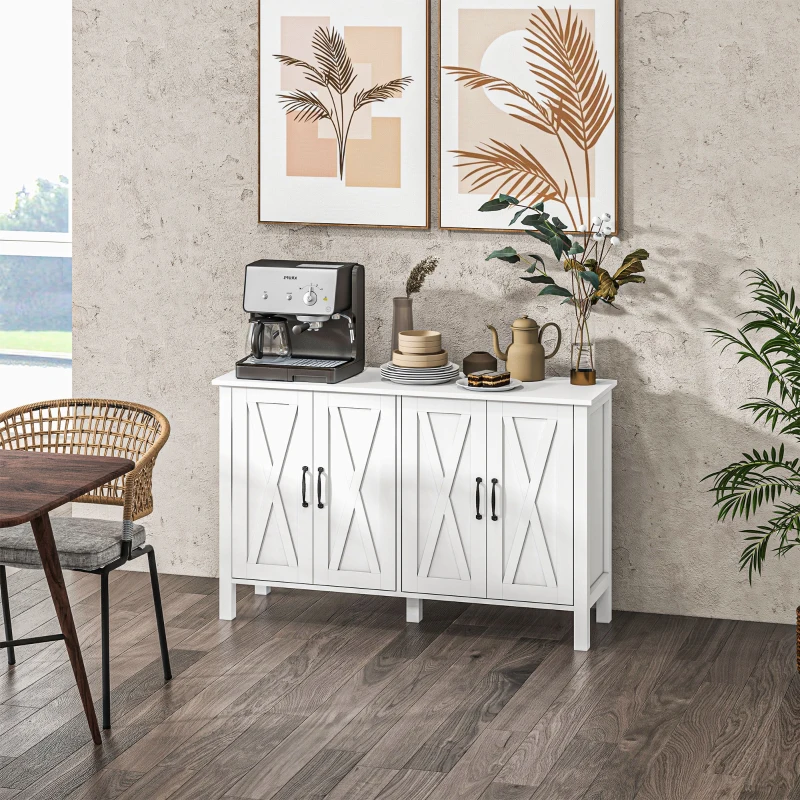 HOMCOM Sideboard Buffet with 4 Barn Doors and 2 Adjustable Shelves, Kitchen Buffet Cabinet for Living Room, Hallway, White