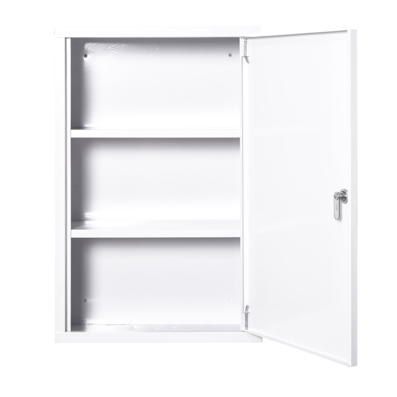 kleankin Wall Mount Medicine Cabinet 3 Tier Steel Emergency Box for Bathroom, Lockable with 2 Keys, White