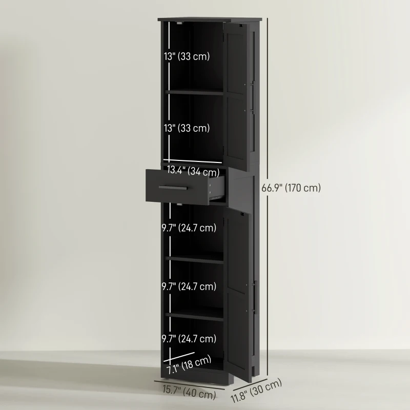 HOMCOM 67" Tall Bathroom Cabinet, Narrow Bathroom Storage Cabinet with Drawer, Barn Doors and Adjustable Shelves, Black