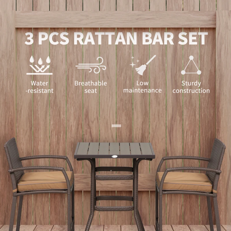 Outsunny 3 Pieces Outdoor Wicker Bistro Bar Set Garden PE Rattan Bar Table and Stools with Seat Cushion, Khaki