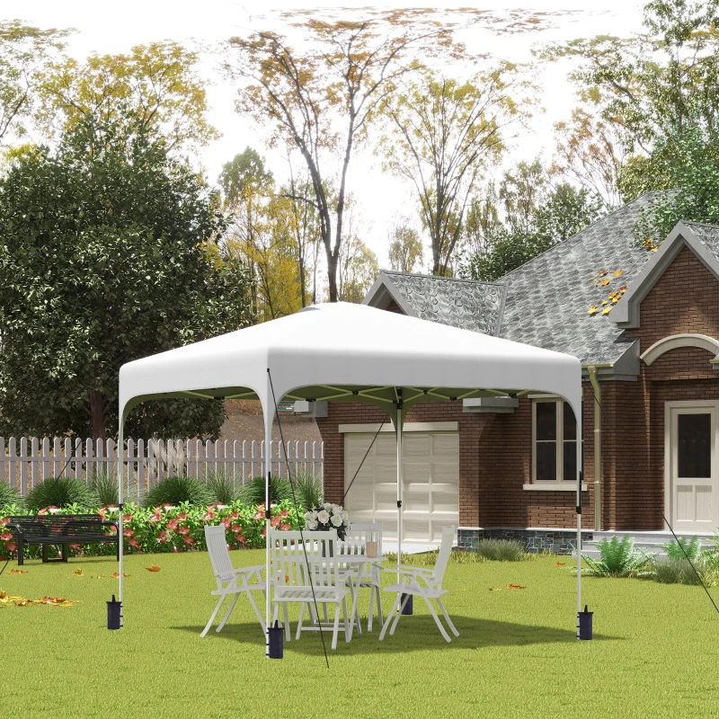 Outsunny 10' x 10' Pop Up Canopy Tent with Sand Bags, UPF 50+ Instant Sun Shelter, Tents for Parties, Height Adjustable, with Wheeled Carry Bag, for Outdoor, Garden, Patio, White
