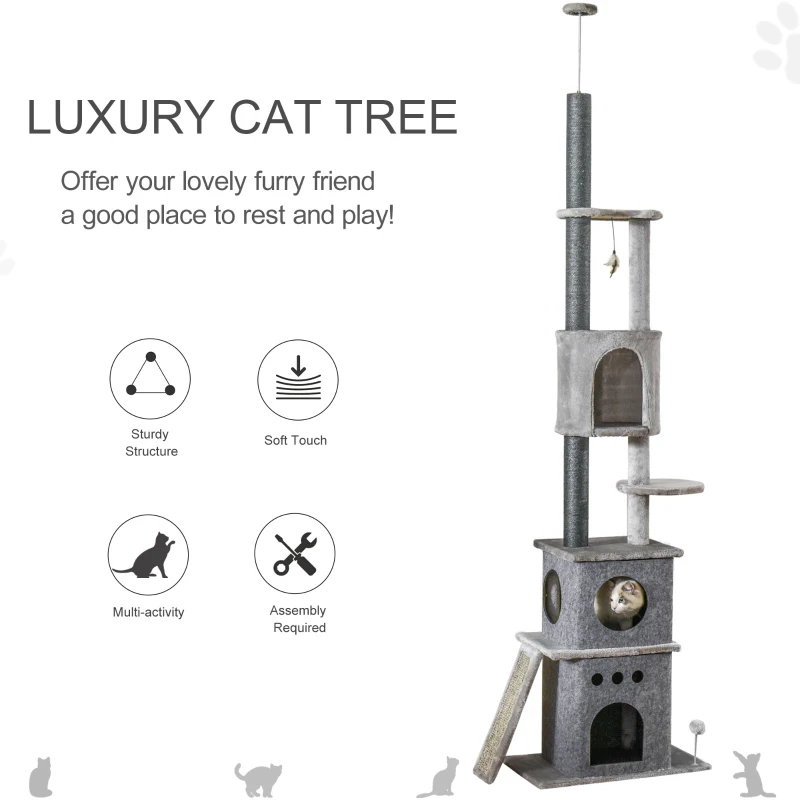 PawHut 89"-100" Floor to Ceiling Cat Tree 6-Tier Cat Climbing Tower Adjustable High with Scratching Post Board, Ramp, Cat Condo, Perch, Toy Ball, for Indoor Cat, Light Grey