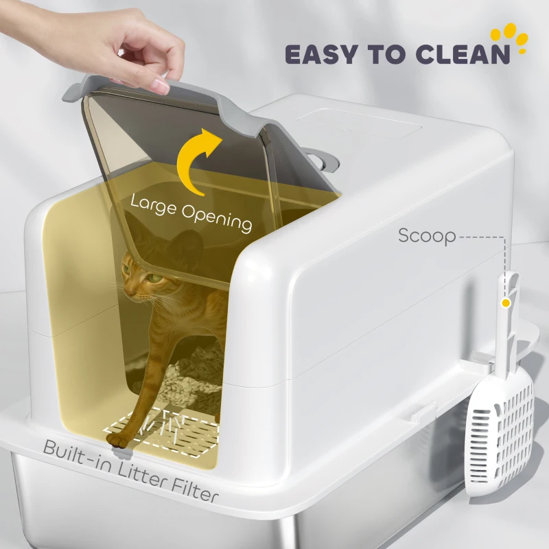 PawHut Stainless Steel Cat Litter Box w/ Removable Lid & Scoop, for Small to Large Cats, Easy to Clean, White