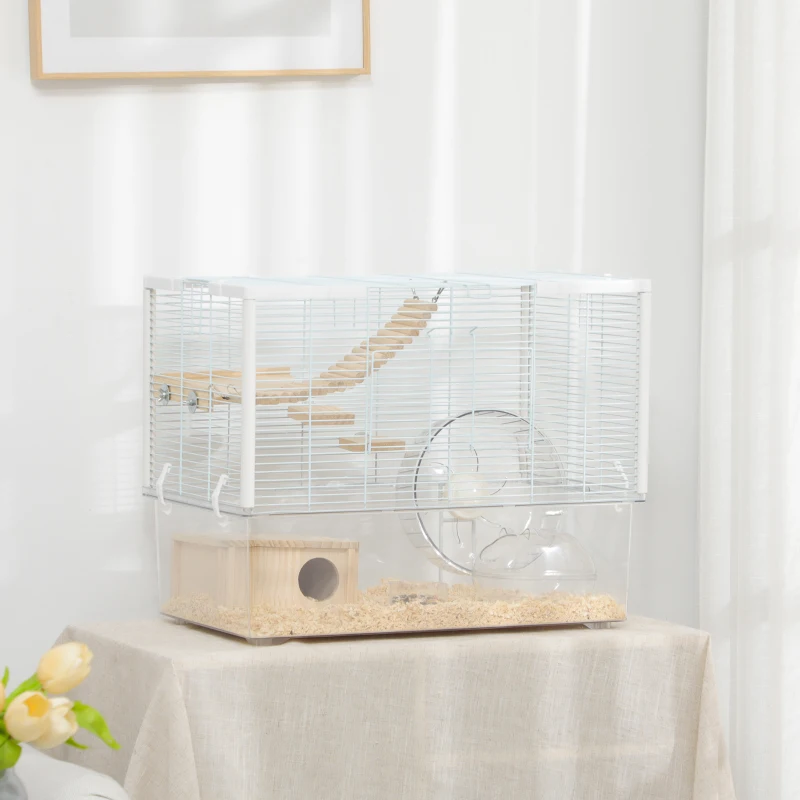 PawHut Hamster Cage with Deep Bottom, Wooden Ramp, Hut, Bathroom and Exercise Wheel for Hamster and Gerbil, White