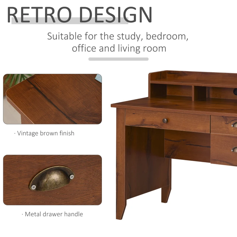 HOMCOM Computer Desk with Storage Hutch, Drawers, Shelf, Home Office Writing Table Study Workstation with Cable Management, Brown