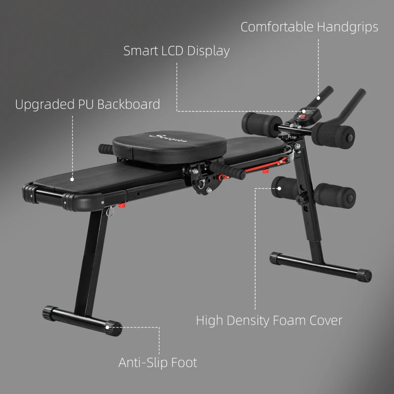 Soozier Multi-Purpose Ab Workout Equipment, Foldable Ab Machine, Adjustable Sit Up Bench & Weight Bench, Abdominal Cruncher with Resistance Bands & LCD Display
