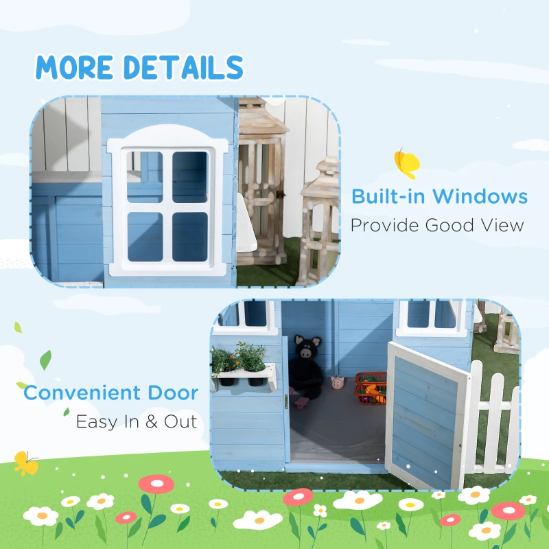 Outsunny Wooden Playhouse for Kids Outdoor with Flower Pot Holders, Door, Windows, Service Stations for 3-7 Years, Blue