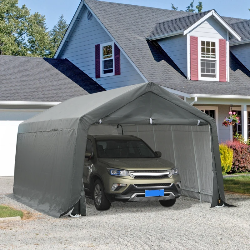 Outsunny 12' x 20' Carport Portable Garage, Heavy Duty Storage Tent, Patio Storage Shelter w/ Anti-UV PE Cover and Double Zipper Doors, for Motorcycle Bike Garden Tools, Gray