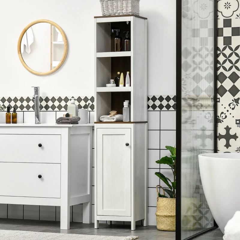 kleankin Tall Bathroom Storage Cabinet, Freestanding Tower Cabinet with 3 Open Shelves and Adjustable Shelf, Antique White