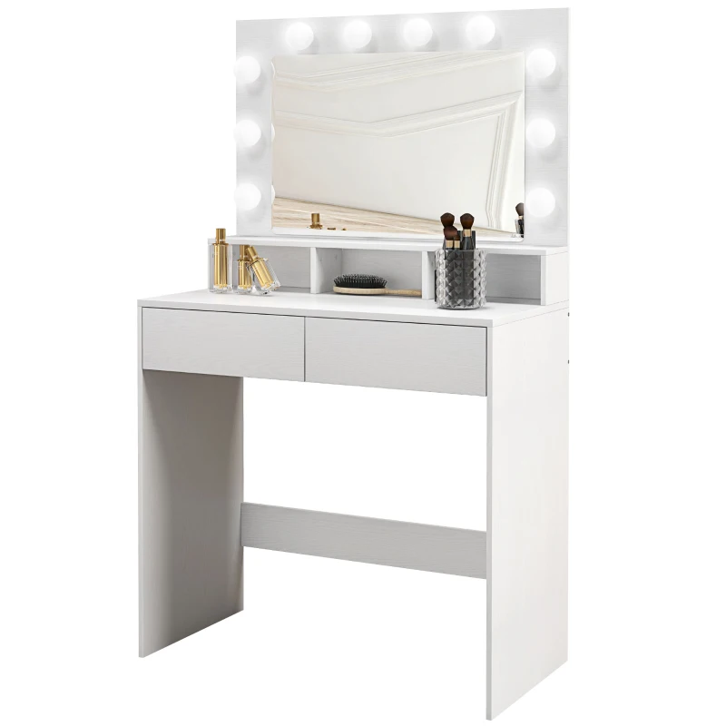 HOMCOM Vanity Table, Makeup Dressing Table with LED Lighting Mirror, Drawers, for Bedroom, White