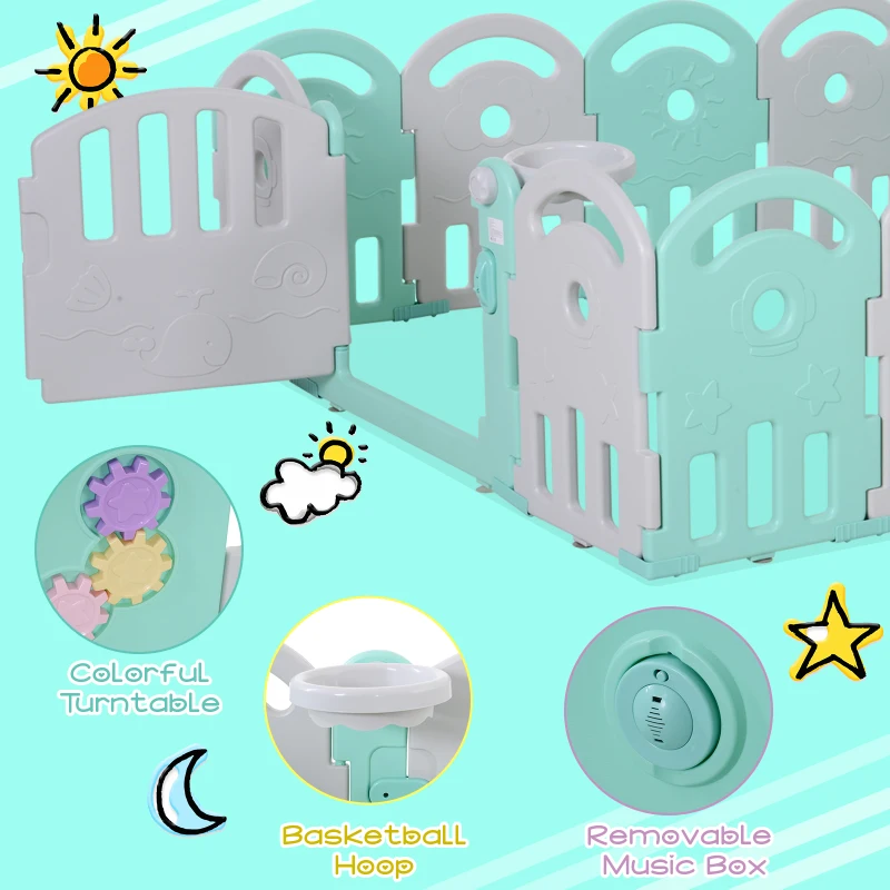 Qaba Baby Enclosure, 16 Panels Baby Playpen Baby Play Yard, Indoor & Outdoor Kids Activity Center, Green