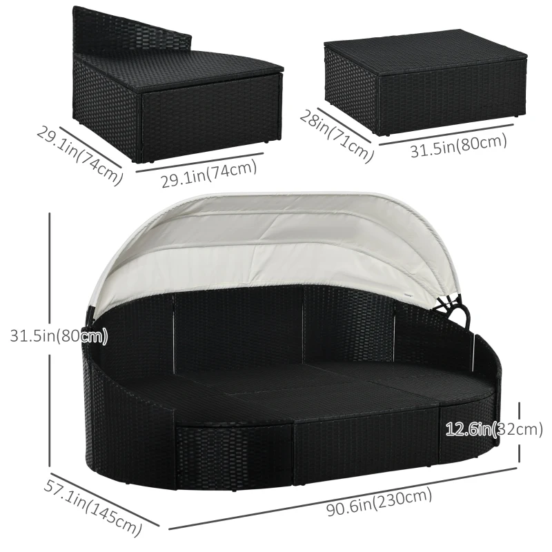 Outsunny 4 Pieces Patio PE Wicker Round Daybed, Outdoor Rattan Garden Lounge Furniture Sets, Cream