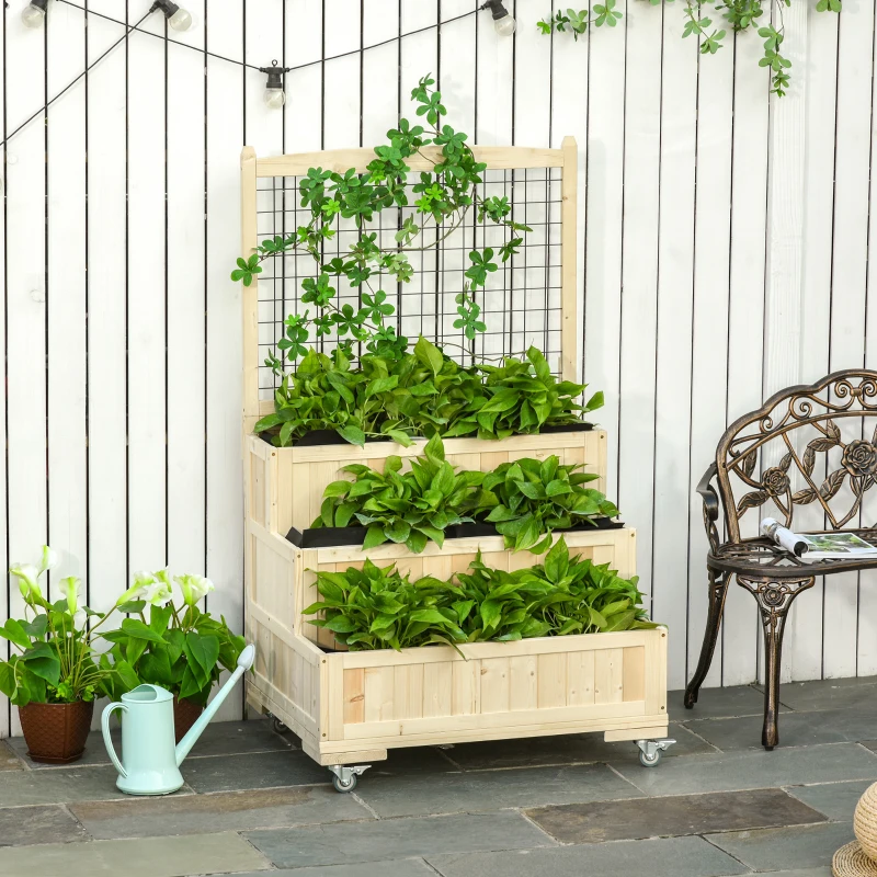 Outsunny 3-Tiers Raised Garden Bed with Trellis, 53" H Vertical Planter Box with Wheels & Back Storage Area, for Flowers, Vegetables, Herbs, Natural(m-10)