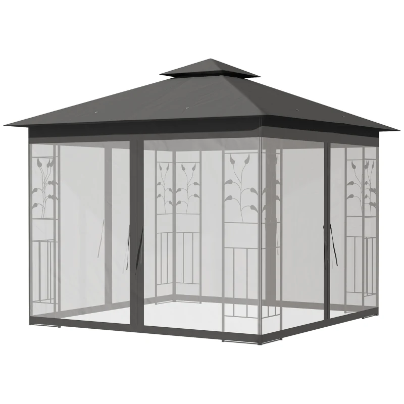 Outsunny 10'x10' Soft-top Steel Patio Gazebo Outdoor Sun Shelter with 2-Tier Polyester Roof, Curtain Sidewalls, Grey