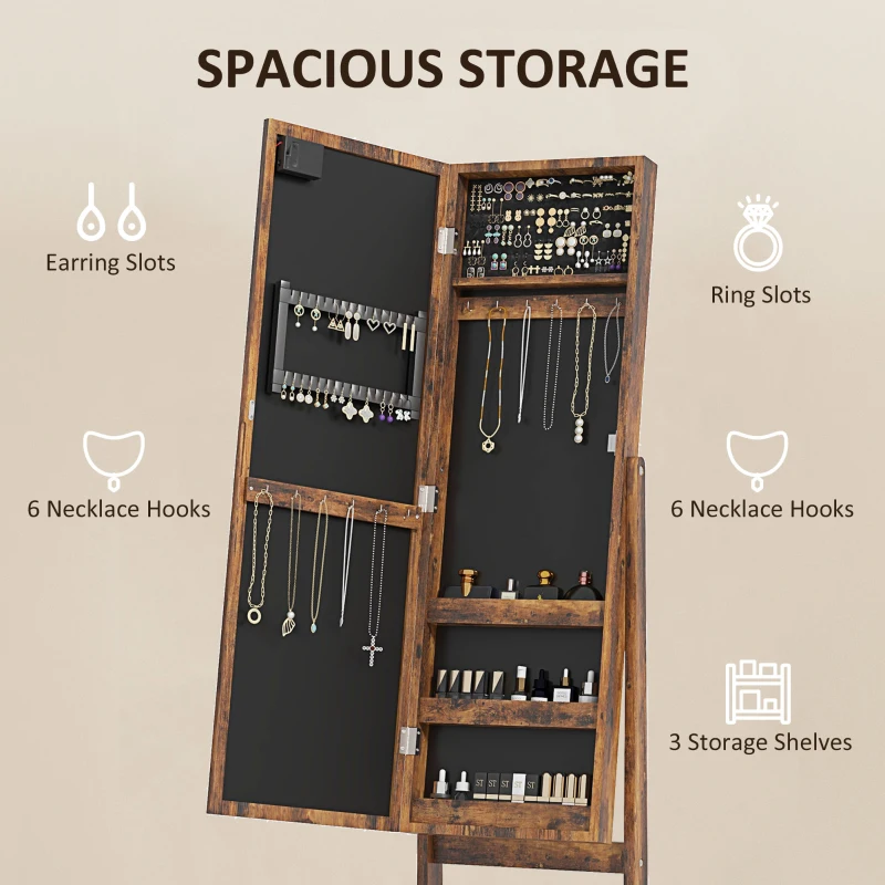HOMCOM Free Standing Armoire Organizer, Lighted Mirrored Jewelry Cabinet w/ Angle Adjustable & 16 LED Lights Rustic Brown