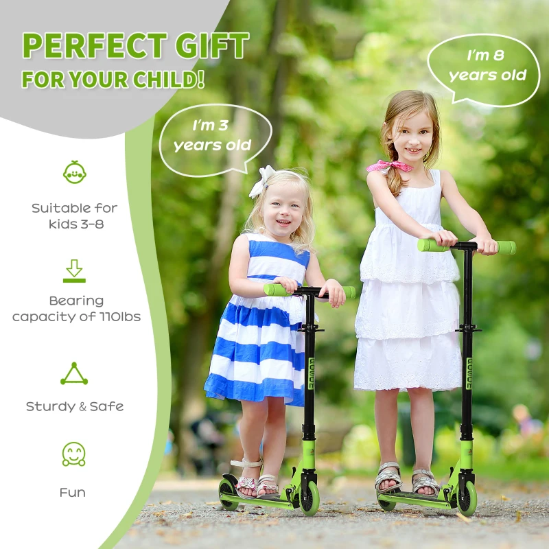 Aosom Aluminum Kids Kick Scooter Foldable Teens Ride On Toy with Adjustable Handlebar Rear Brake, Green