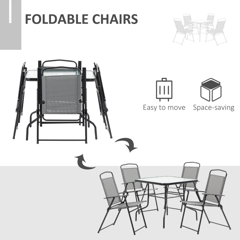 Outsunny 5 Pieces Patio Table and Chairs, Outdoor Dining Set with 4 Folding Chairs, Glass Tabletop and Parasol Hole, Grey