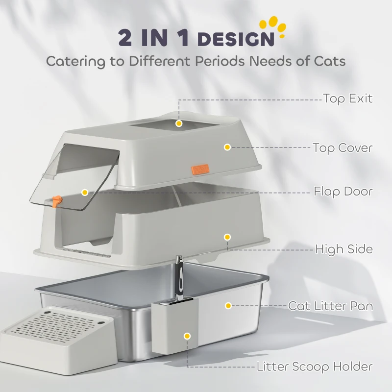 PawHut Stainless Steel Cat Litter Box with Lid, High Sided, Scoop, Easy Clean, Non-Sticky & Anti-Leakage, Light Grey