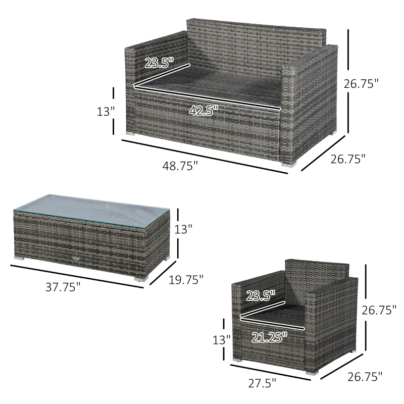 Outsunny 4 Piece Wicker Patio Furniture Set with Cushions, Outdoor Sectional Furniture with 2 Sofa, Loveseat, and Glass Top Coffee Table, Conversation Sofa Sets for Garden, Black