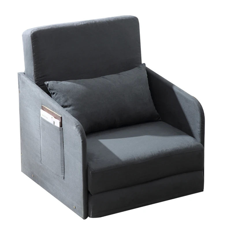 HOMCOM Faux Suede Sofa Bed Single Sofa Armchair Soft Floor Sleeper Lounger Futon Couch W/ Pillow and Pocket, Grey