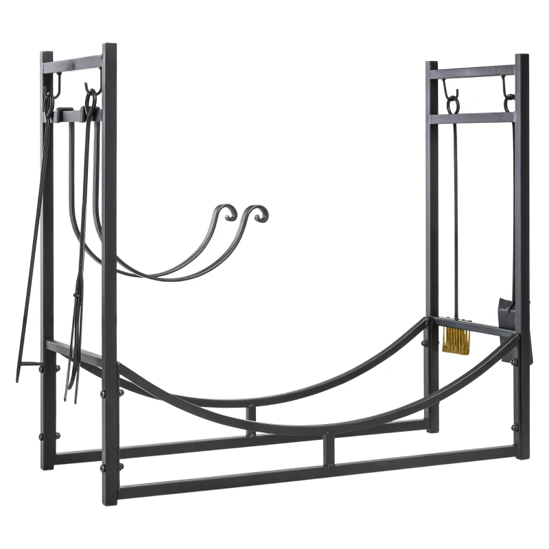 Outsunny 33" Firewood Rack Outdoor Indoor with 4-Piece Fireplace Tools, Firewood Holder with 2 Tiers, Curved Bottom Log Holder for Fireplace, Wood Stove, Hearth, Fire Pit, Black