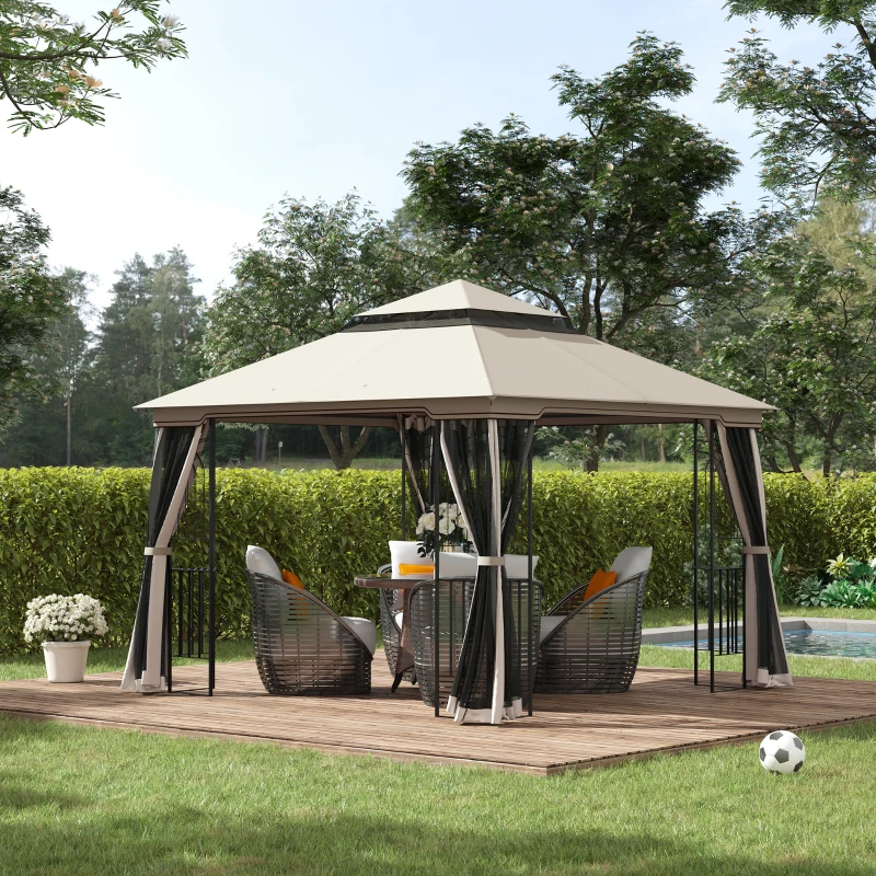 Outsunny 10'x10' Soft-top Patio Gazebo with Double Tier Roof, Mesh Curtains, Display Shelves, Top Hooks, Beige