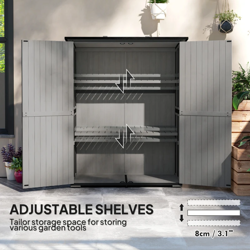 Outsunny Wood Storage Shed, Outdoor Garden Shed with Asphalt Roof, 2 Shelves, Lockable Doors and Adjustable Feet, Gray