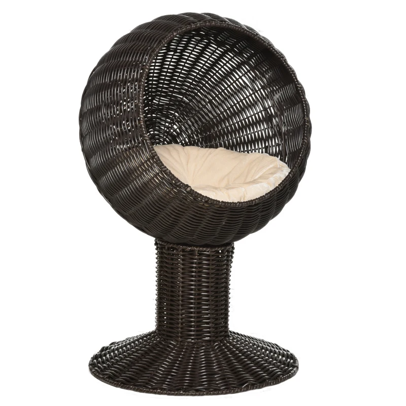 PawHut Elevated Cat Bed with Rotatable Egg Chair Pod, Cat Basket Bed with Thick Cushion, Natural Mat Grass Woven Kitty House, Coffee