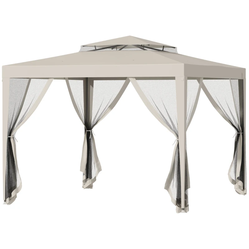 Outsunny 10' x 10' Canopy Tent, Party Tent with Mesh Netting and Double Tier Roof for Backyard, Garden, Patio, Outdoor, Beige