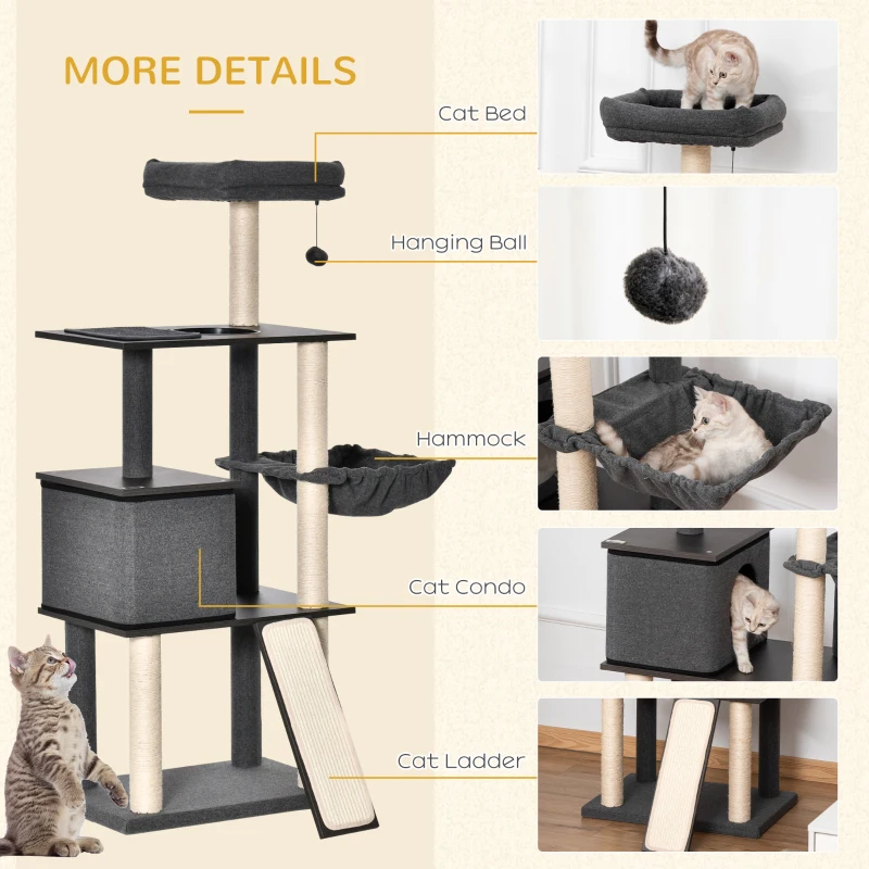 PawHut 58" Cat Tree Huge Kitty Activity Center Cat Climbing Toy Rest Pet Furniture with Sisal Scratching Post Pad Condo Bed Perch Ladder Hanging Ball Dark Grey