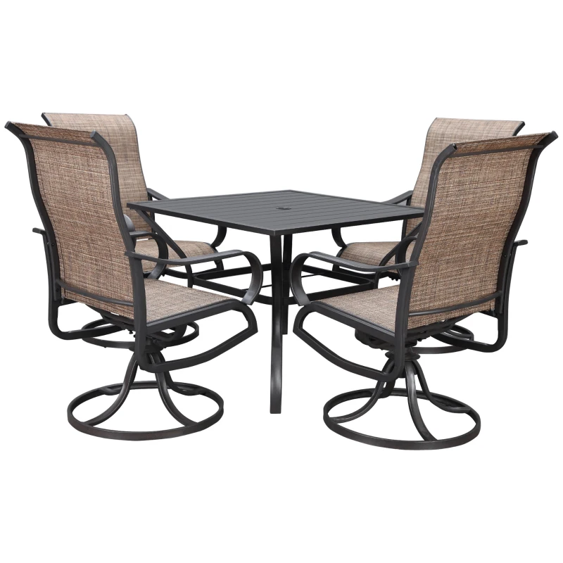 Outsunny 5-Piece Outdoor Patio Dining Set, 4 Swivel Rocker Chairs and 37" x 37" Dining Table Furniture Set with Umbrella Hole for Garden, Lawn and Backyard, Brown