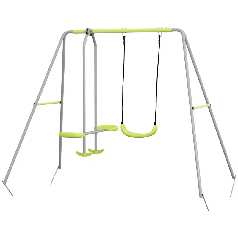 Outsunny Swing Set for Kids, Heavy Duty A-Frame Metal Swing Frame with Glider, Swing Seat, Ground Stakes for Backyard, Green