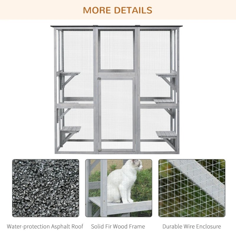 PawHut Large Outdoor Catio Enclosure, Weatherproof Cat House with Asphalt Roof,  Wooden Cat Patio Cage with 6 Balanced Platforms, 71" x 39" x 71", Grey