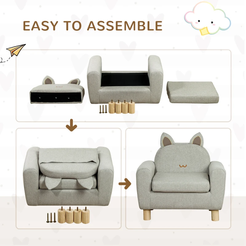 Qaba Kids Sofa Chair Seat with Kitten Ear Backrest, Grey