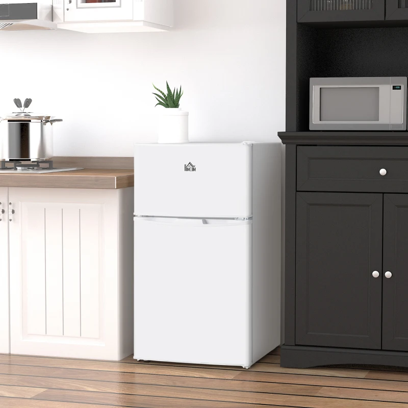 HOMCOM 3.2 Cu.Ft Mini Fridge with Freezer, Double Door Compact Refrigerator with Adjustable Thermostat, Shelf and Reversible Door for Bedroom, Dorm, Home Office, Energy Efficient, White
