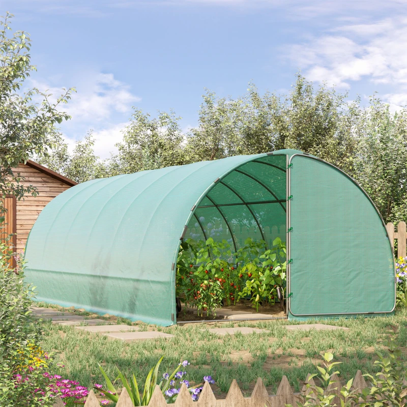 Outsunny 20' x 10' x 7' Tunnel Greenhouse Outdoor Walk-In Hot House with 2 Hinged Doors, Reinforced Steel Frame, PE Cover, Green