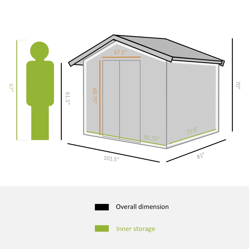 Outsunny 8.5' x 6.8' x 5.8' Practical Backyard Garden Storage Tool Shed Double Sliding Door 4 Ventilation Slots, Green